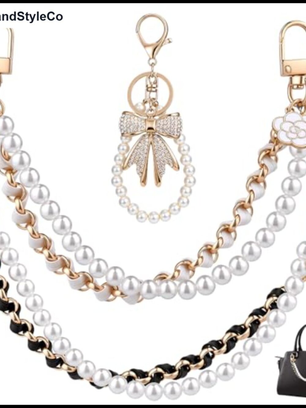 4-Piece Purse Charm Set Pearl Chains Rhinestone Bow Keychain Gold-Tone Bag Chain